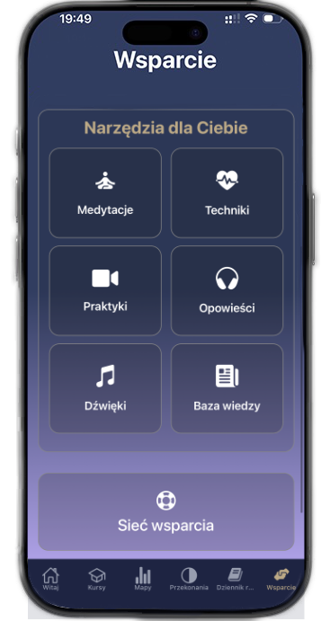Ekran aplikacji Moja Ohana z sekcją Wsparcie: medytacje, techniki, praktyki, opowieści, dźwięki, baza wiedzy i sieć wsparcia